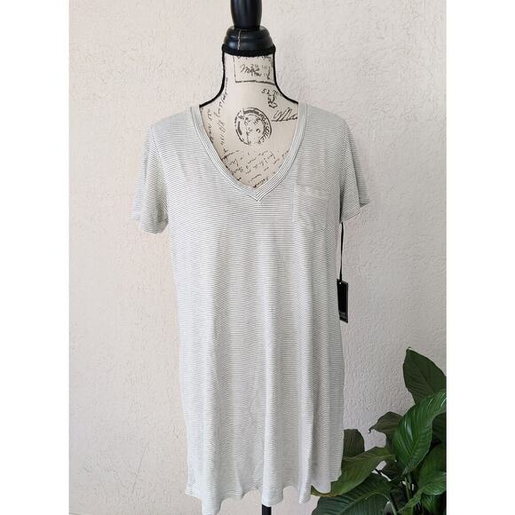 Michael Lauren Revolve V-Neck Striped White Black T-Shirt Dress L Short Sleeve - Picture 7 of 9